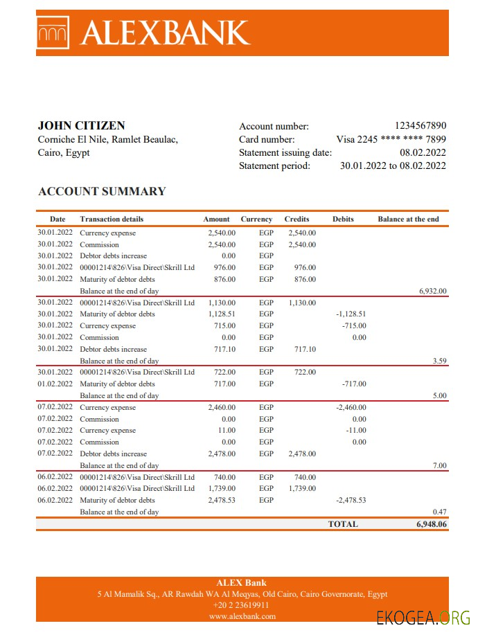 Egypte Relevé bancaire d'Alex xls